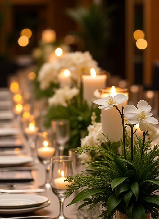 Vista elegante di un allestimento floreale per un evento aziendale, con lunghi rami verdi, orchidee bianche e candele su tavoli imbanditi.