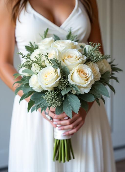 Splendido bouquet da sposa con una miscela di fiori selvatici bianchi, rose leggere e verde ecalipto, legato con nastro di seta.