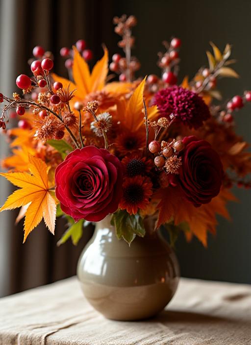 Raffinata composizione floreale dai toni autunnali, con foglie d'acero, bacche e rose color cremisi su un vaso artigianale.