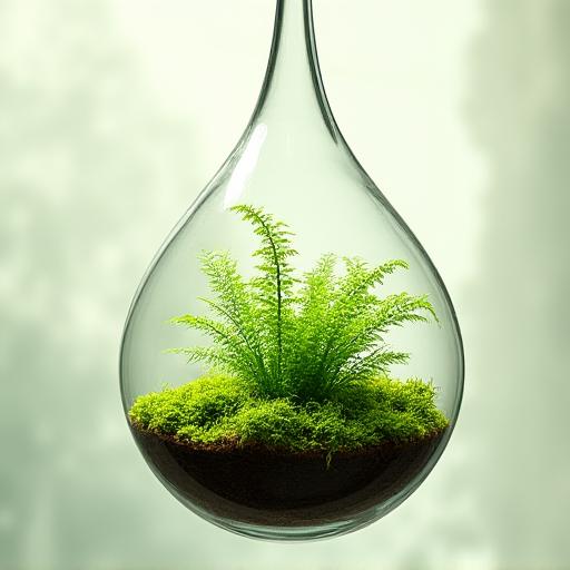 Terrario in vetro a forma di goccia sospeso, contenente piccole felci lussureggianti e muschio vivace, un microcosmo verde.