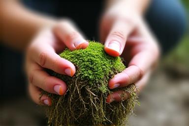 Mani che modellano attentamente una 'palla di muschio' per un kokedama, con radici di pianta visibili.