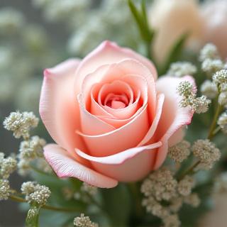 Dettaglio di un bouquet di fiori di stagione, con rose, eucalipto e fiori di campo, dai toni delicati.