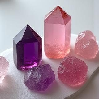 Selezione di cristalli di ametista e quarzo rosa grezzi, disposti artisticamente per l'arredamento d'interni.